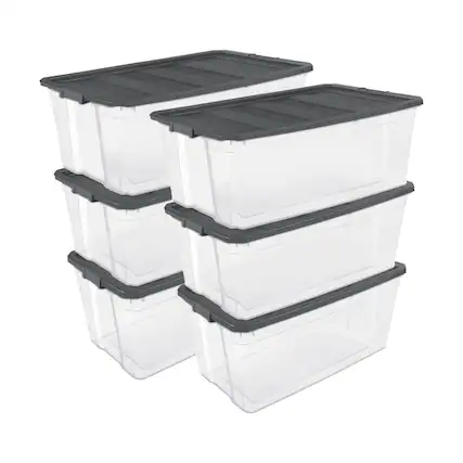 Front. Sterilite - Sterilite 200 Quart Clear Stackable Latching Storage Box Container, Grey, 6 Pack.