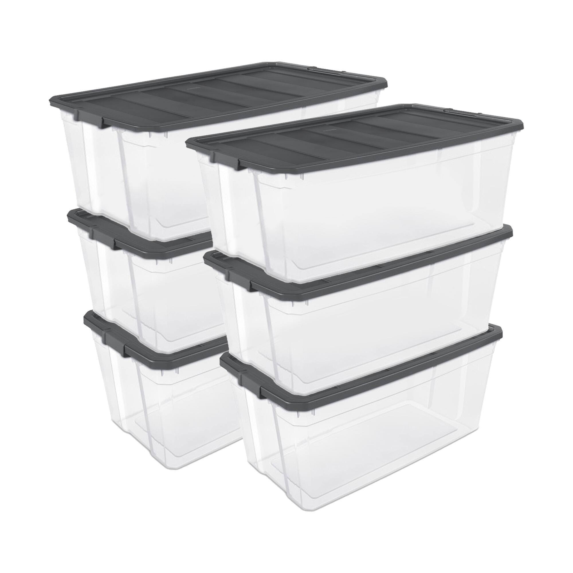 Front. Sterilite - Sterilite 200 Quart Clear Stackable Latching Storage Box Container, Grey, 6 Pack.