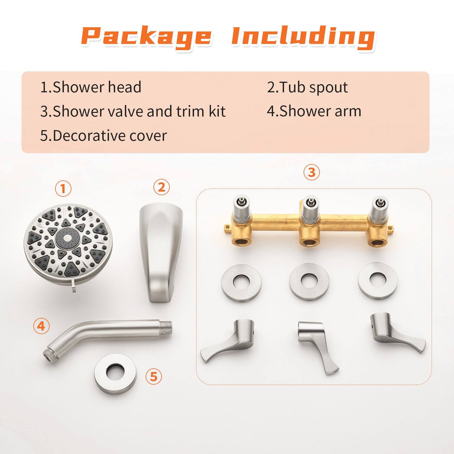 Package Including

1. Shower head  
2. Tub spout  
3. Shower valve and trim kit  
4. Shower arm  
5. Decorative cover