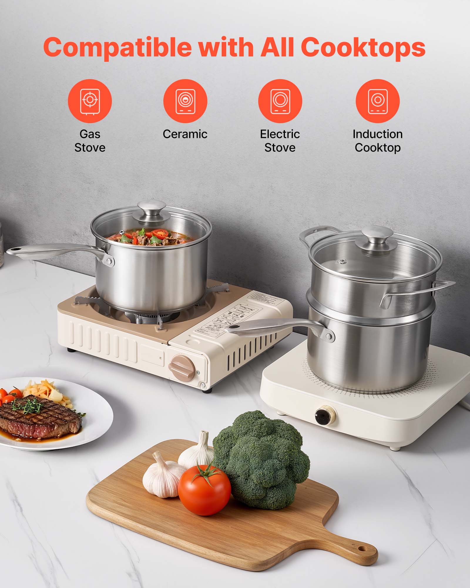 Compatible with All Cooktops

- Gas Stove
- Ceramic Stove
- Electric Stove
- Induction Cooktop