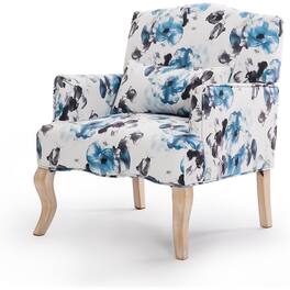 U-HOMY - Mid-Century Accent Chair with Floral Fabric, Solid Wood Frame & High-Resilience Foam for Living Room - Blue