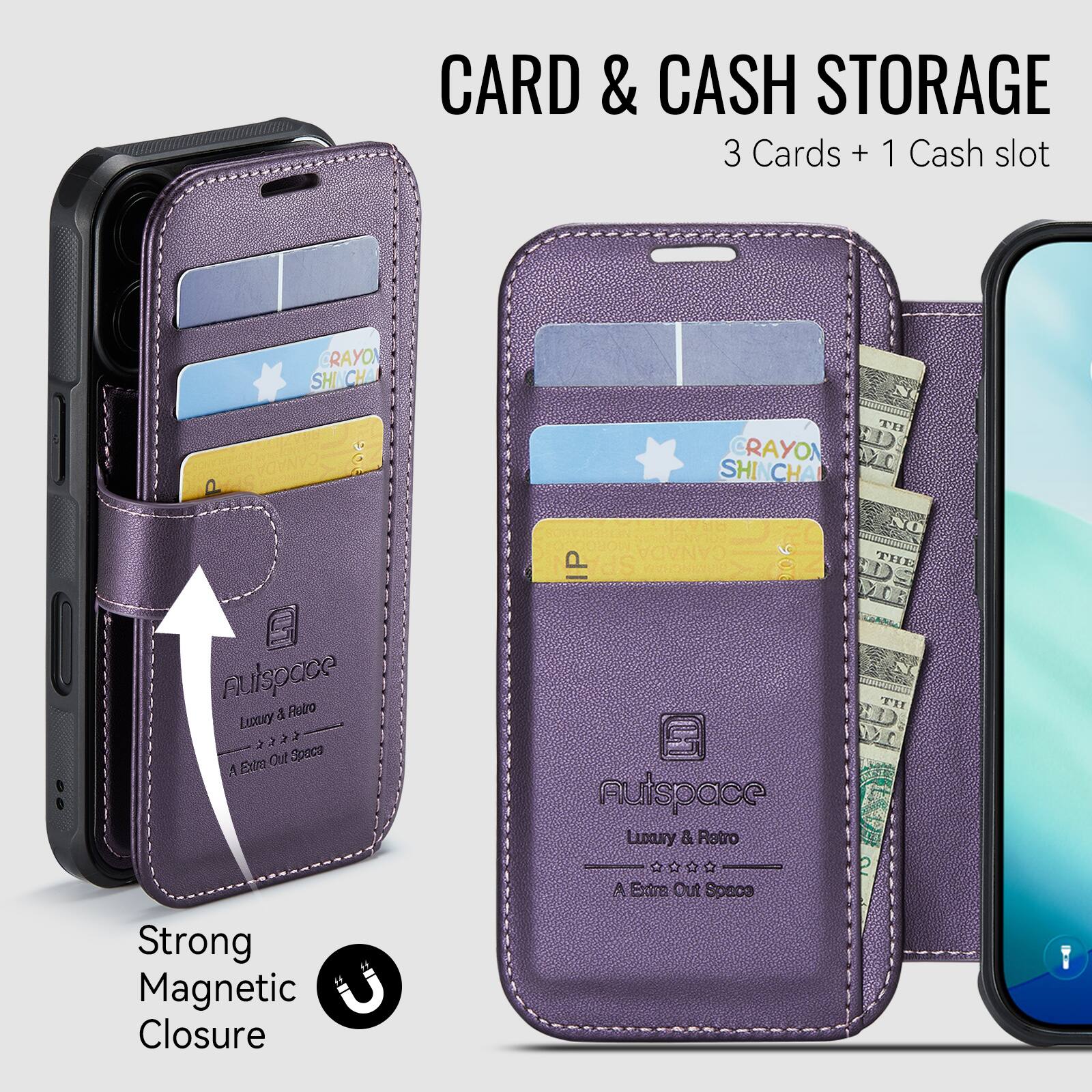 CARD & CASH STORAGE  
3 Cards + 1 Cash slot  

RAYO SHI CHA CANADA  
CRAYON SHI CHA CANADA IP SP 90F TH  

Auispace & Ratro Lucnuy 2 2 2 Out Spoca A Extro  
Strong Magnetic Closure  

Auispace LioauY & Ratro R A Extrs Out Spaca TH 1