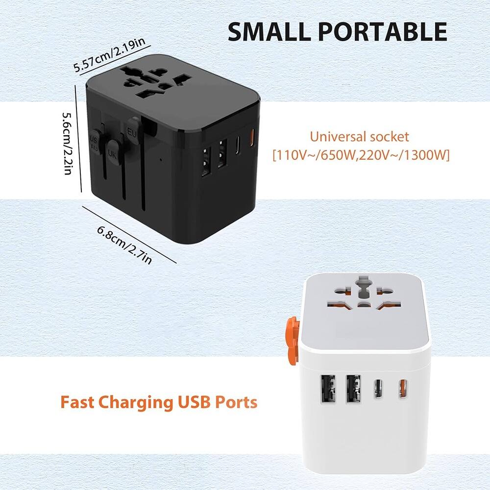 Sure, here is the corrected and grouped text from the image:

---

**SMALL PORTABLE**

- **Universal socket**
  - [110V~/650W, 220V~/1300W]

- **Dimensions:**
  - 5.57cm/2.19in (EU)
  - 5.6cm/2.2in (MS)
  - 6.8cm/2.7in (UK)

- **Fast Charging USB Ports**

---