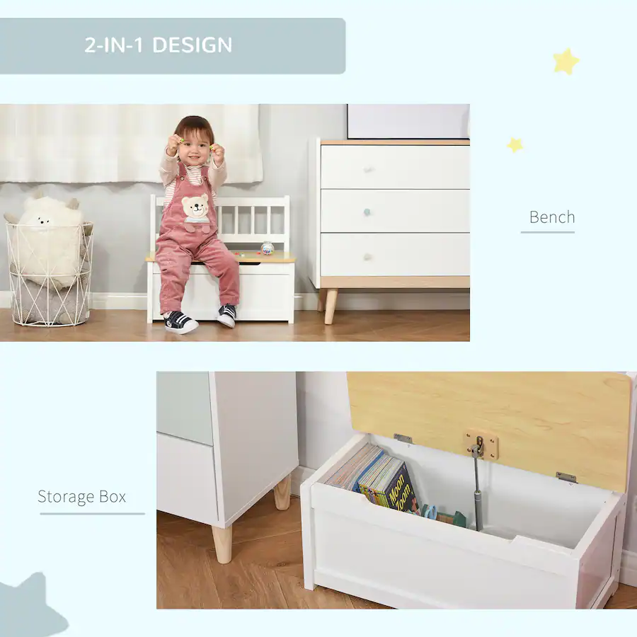 Qaba Kids Wooden Toy Organizer Chest Storage Box with Seat Bench ...