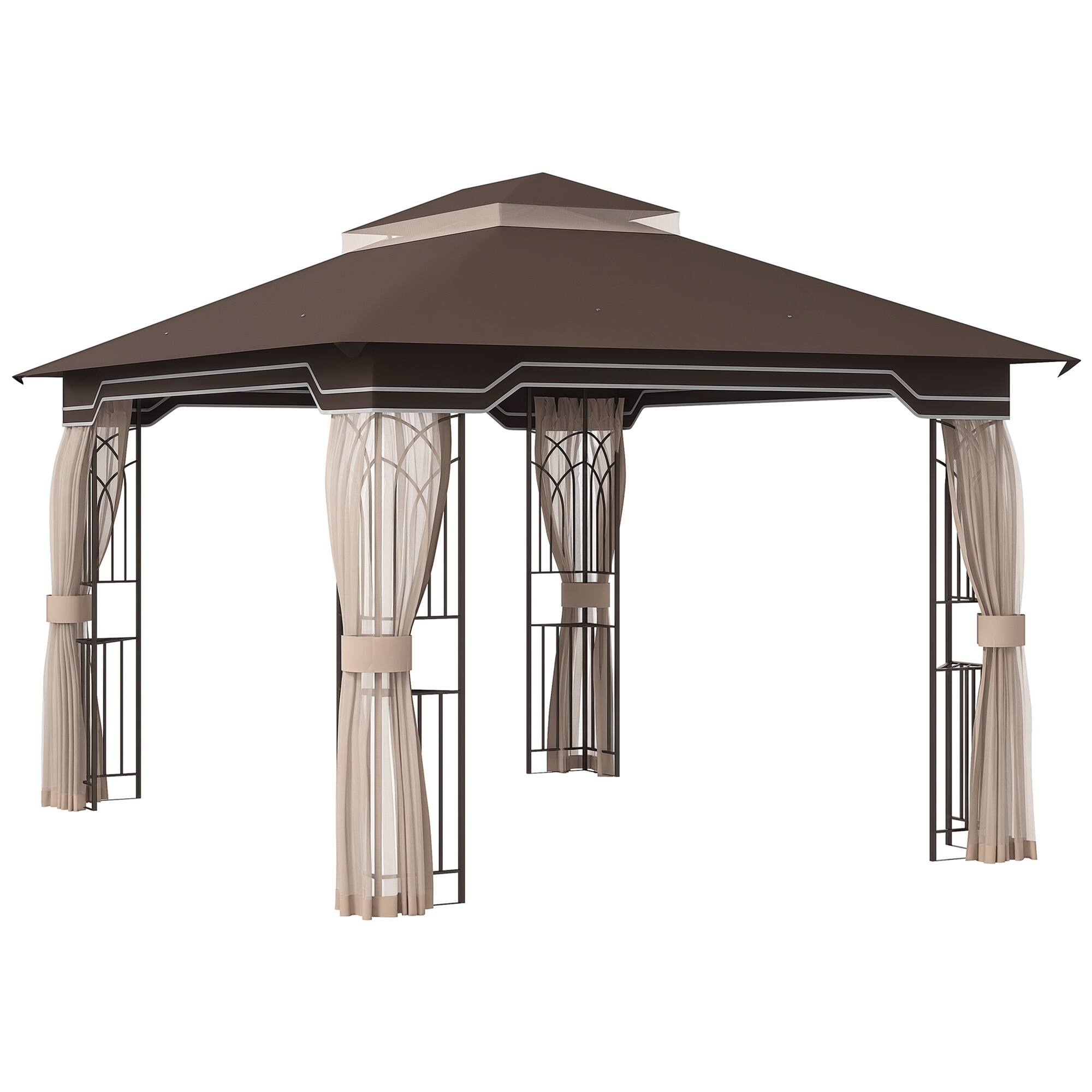Outsunny - 10' x 12' Patio Gazebo, Double Roof Outdoor Canopy Shelter with Corner Frame and Mesh Netting for Garden, Lawn - Brown