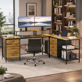 RYHNUYNE - 114 inch L-Shaped Desk, Industrial Home Office Desk with Power Hub, 6 Drawers, 3 Shelves, Removable Monitor Stand - Brown