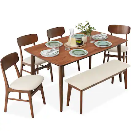 Front. Best Choice Products - Best Choice Products 6-Piece Mid-Century Modern Upholstered Wooden Dining Set w/ 4 Chairs, Bench - Walnut/Cream - Walnut/Cream.