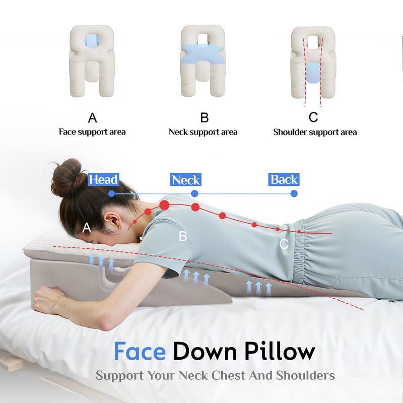A: Face support area  
B: Neck support area  
C: Shoulder support area  

Face Down Pillow  
Support Your Neck, Chest, and Shoulders