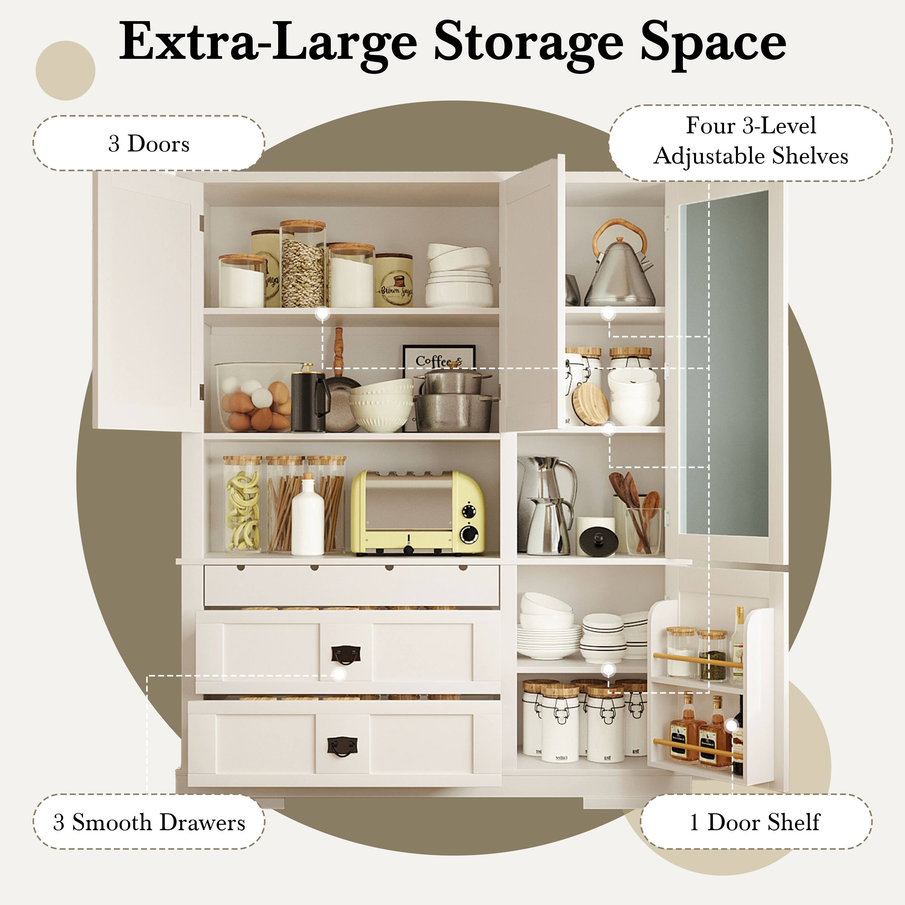 Extra-Large Storage Space  
3 Doors  
Four 3-Level Adjustable Shelves  
3 Smooth Drawers  
1 Door Shelf