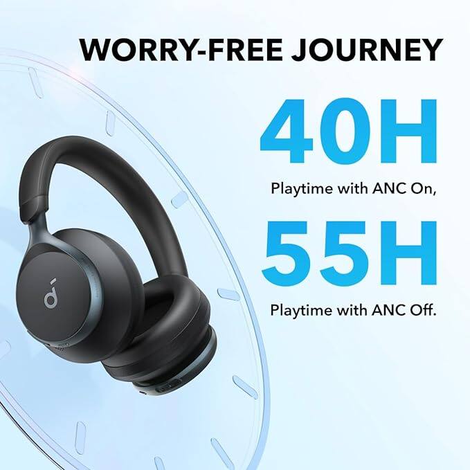 WORRY-FREE JOURNEY  
40H Playtime with ANC On,  
55H Playtime with ANC Off.
