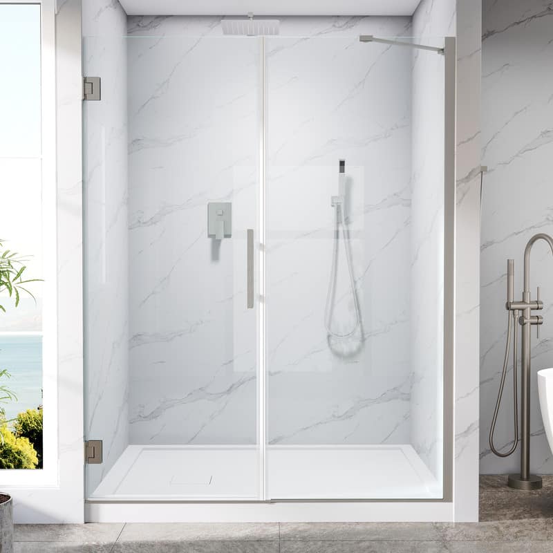 WELLFOR - 57–58 in. W x 72 in. H Frameless Hinged Shower Door with 3/8" Clear Tempered Glass, Reversible Opening - Brushed Nickel