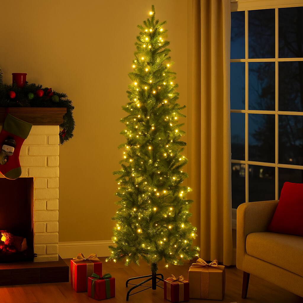 Angle. BreeBe - Artificial 6FT Pencil Christmas Tree with Lights and Dense Branch Tips - Green.