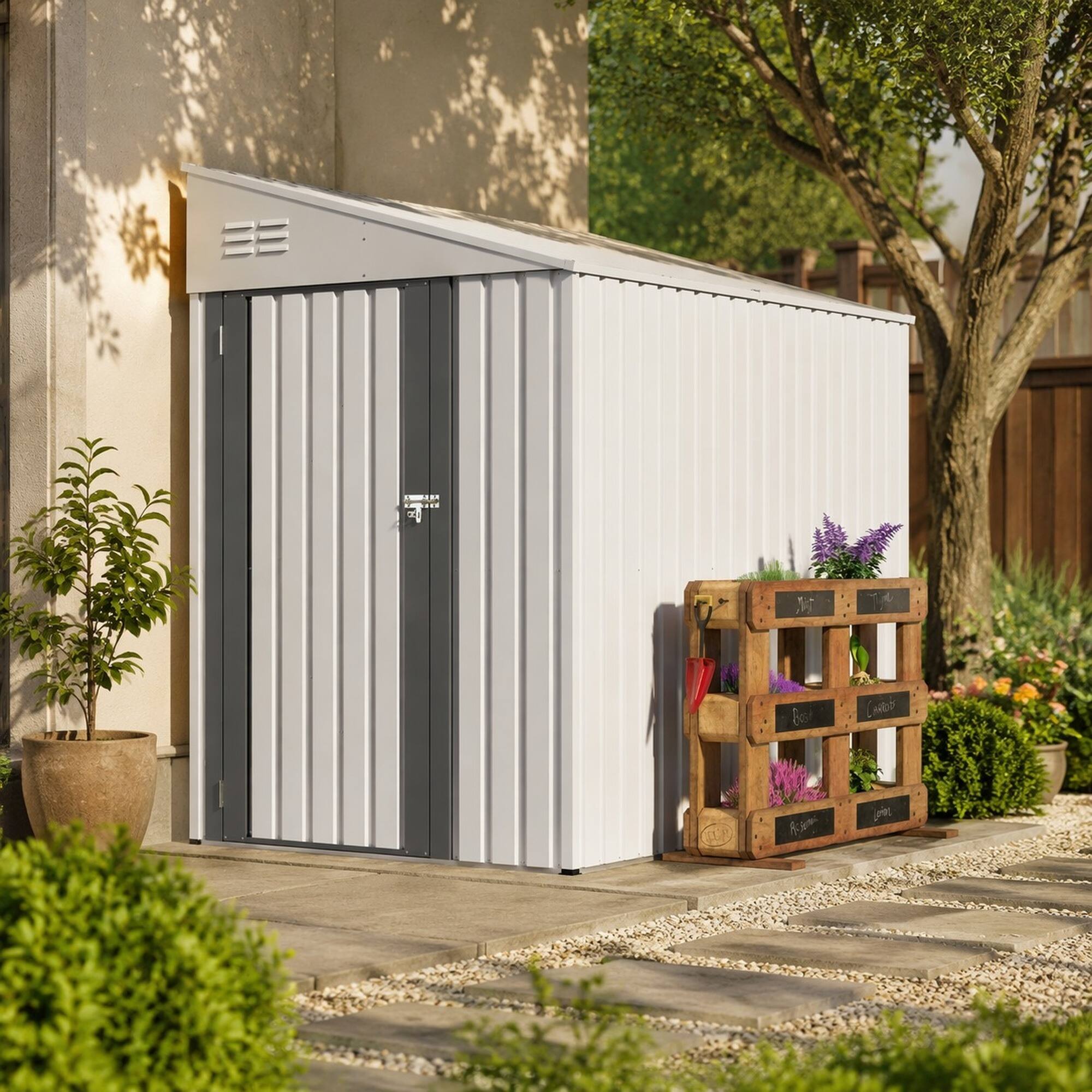Left. RYHNUYNE - White 4x7 Ft Lean-To Metal Shed Weatherproof Garden Bike Shelter Lockable Easy DIY - White.