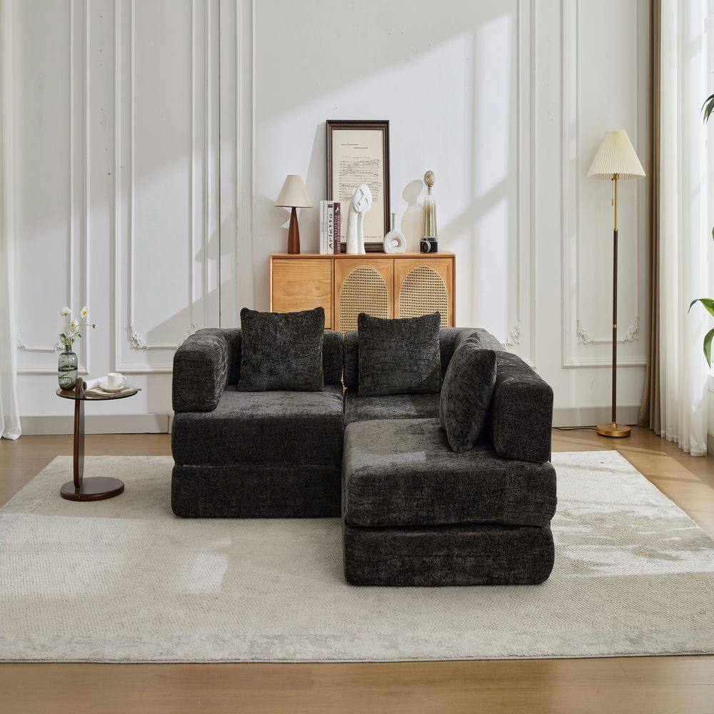 Back. Kadyn - Convertible Floor Sofa Bed, Boneless Chenille Sectional with Fixed Support Frame - No Assembly Required, Black - Black.