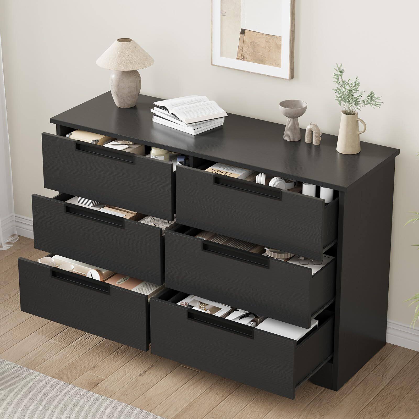 Alt View 2. Acekool - 6 Drawer Dresser for Bedroom, Natural Modern Double Dresser Organizer with Embedded Handles Design - Black.