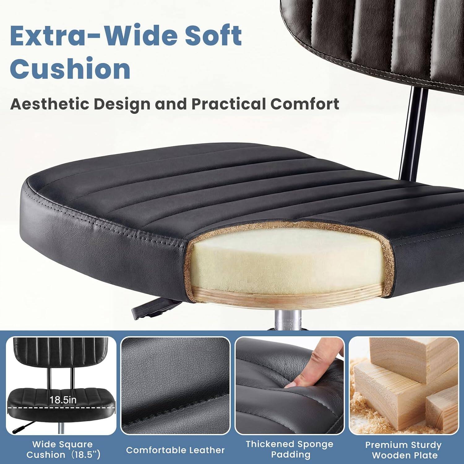 Extra-Wide Soft Cushion  
Aesthetic Design and Practical Comfort  

18.5in Wide Square Thickened Sponge  
Comfortable Leather Cushion (18.5")  
Padding Premium Sturdy Wooden Plate