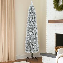 BreeBe - Flocked Slim Xmas Tree 4.5ft 6ft 7ft with 100 Incandescent Lights & Full Tips - White
