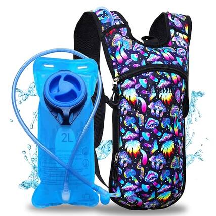 Front. Stamp n Camp - Sojourner Rave Hydration Pack - Backpack Hydropack With 2l Bladder Water For Festivals Hiking Running Biking And More - Magic Mushroom-One Size.