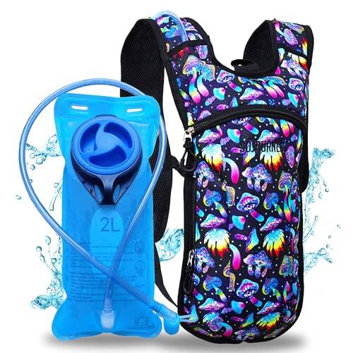 Front. Stamp n Camp - Sojourner Rave Hydration Pack - Backpack Hydropack With 2l Bladder Water For Festivals  Hiking Running Biking And More - Magic Mushroom-One Size.