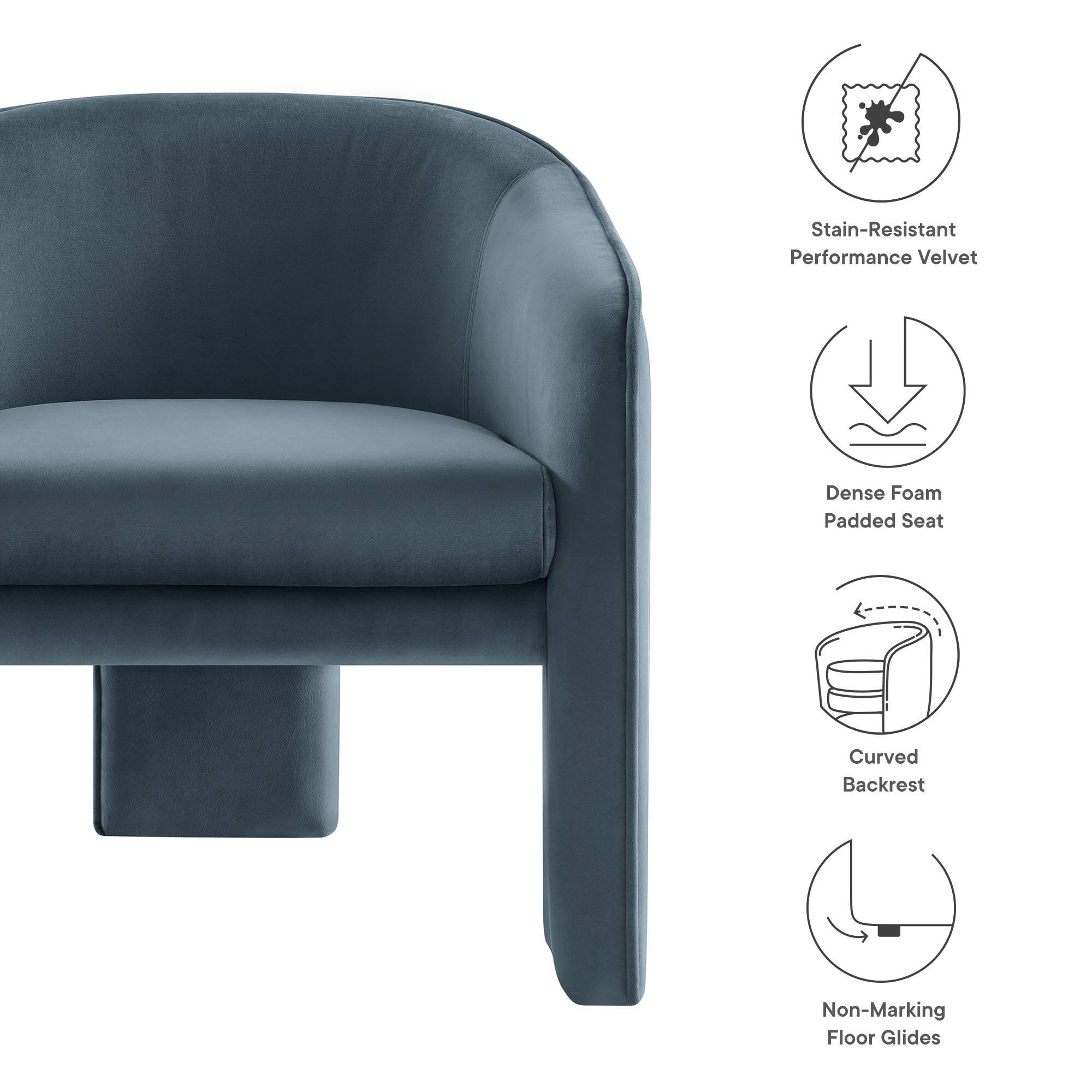 - Stain-Resistant Performance Velvet
- Dense Foam Padded Seat
- Curved Backrest
- Non-Marking Floor Glides
