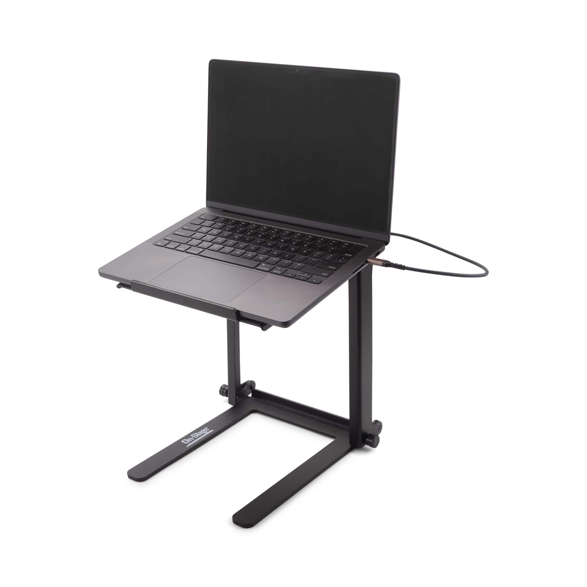 On Stage Stands - On-Stage LPT8000 DJ Laptop Stand-USB-A&USB Type-C Ports–Foldable, Essential DJ Accessories – Angled Platform, Built-in - Black
