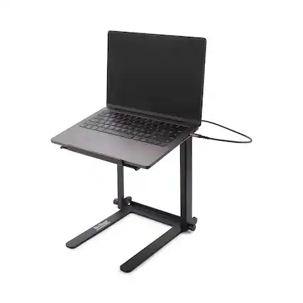 Front. On Stage Stands - On-Stage LPT8000 DJ Laptop Stand-USB-A&USB Type-C Ports–Foldable, Essential DJ Accessories – Angled Platform, Built-in - Black.