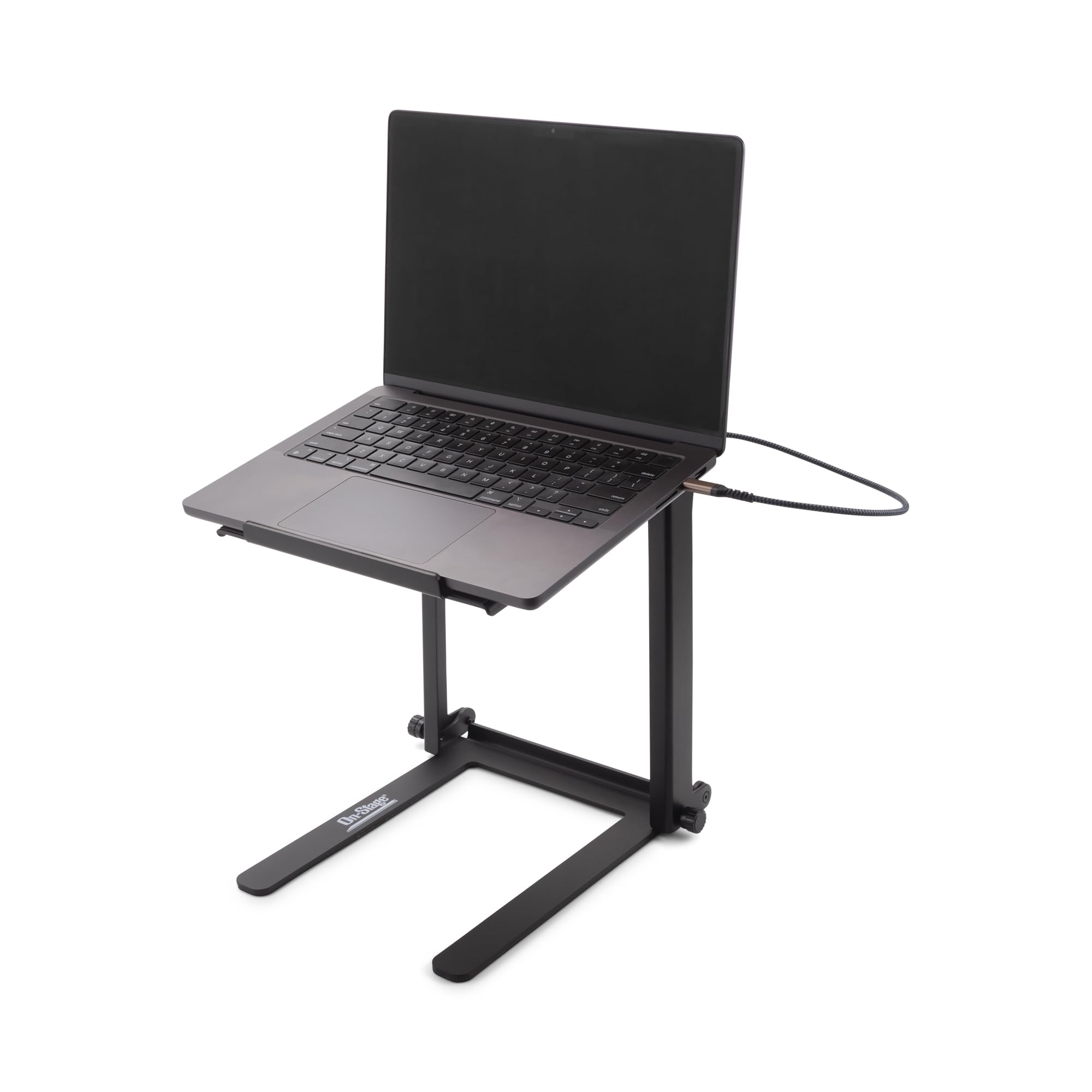 Front. On Stage Stands - On-Stage LPT8000 DJ Laptop Stand-USB-A&USB Type-C Ports–Foldable, Essential DJ Accessories – Angled Platform, Built-in - Black.
