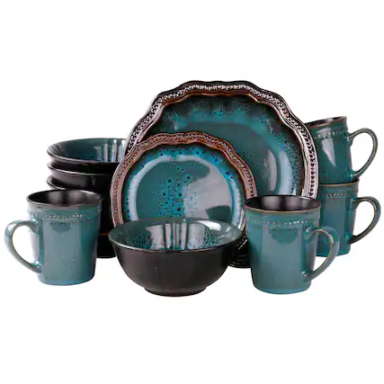 Front. Elama - Elama's Mystic Waves 16 Piece Dinnerware Set - Blue and Brown.