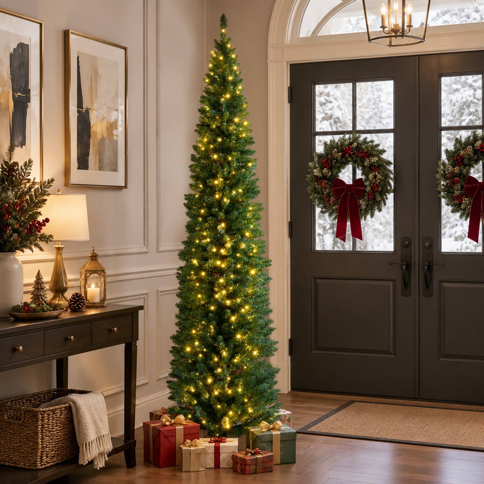 Alt View 2. RYHNUYNE - 8 Ft Pre-Lit Slim Noble Fir Artificial Christmas Tree With 300 Warm White LED Lights, 618 Tips Metal Stand Decor - Green.