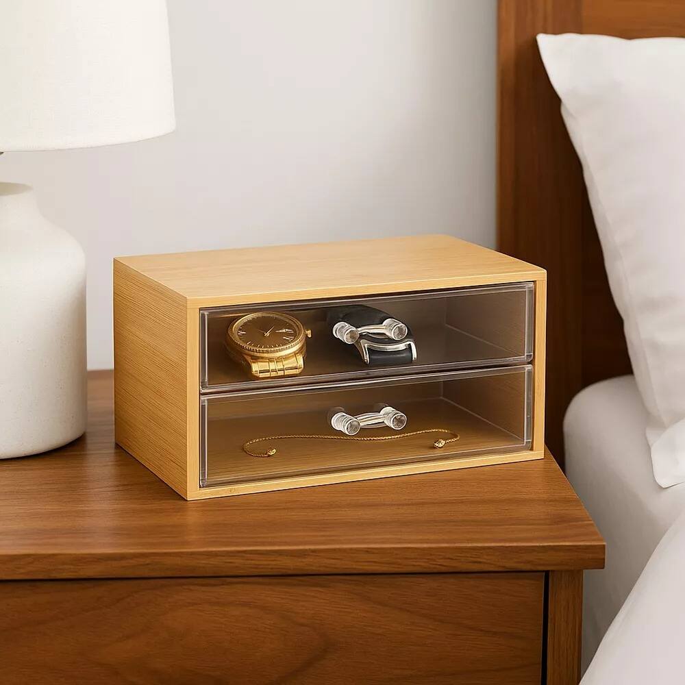 Left. Elle - 2‑Tier Bamboo Cosmetic Organizer with Clear Acrylic Drawers, Lightweight Storage Box for Makeup, Skincare & Jewelry - Clear/Natural Bamboo.