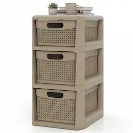 Costway - 1 PCS 3-Drawer Storage File Organizer Box with Wicker Patterns, Handles for Bedroom, Bathroom - Tan