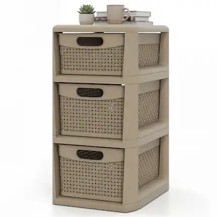 Front. Costway - Costway 1 PCS 3-Drawer Storage File Organizer Box with Wicker Patterns, Handles for Bedroom, Bathroom - Tan.