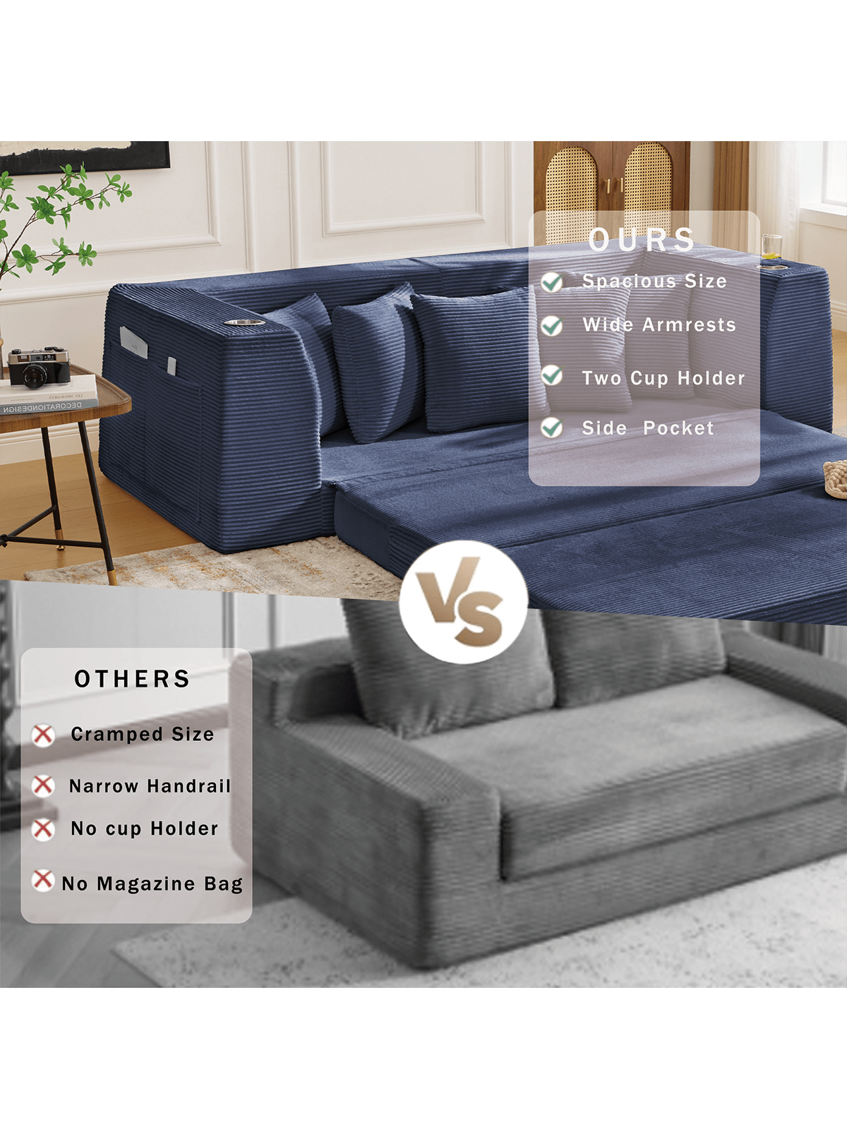 **OURS**

- Spacious Size
- Wide Armrests
- Two Cup Holder
- Side Pocket

**VS**

**OTHERS**

- Cramped Size
- Narrow Handrail
- No Cup Holder
- No Magazine Bag