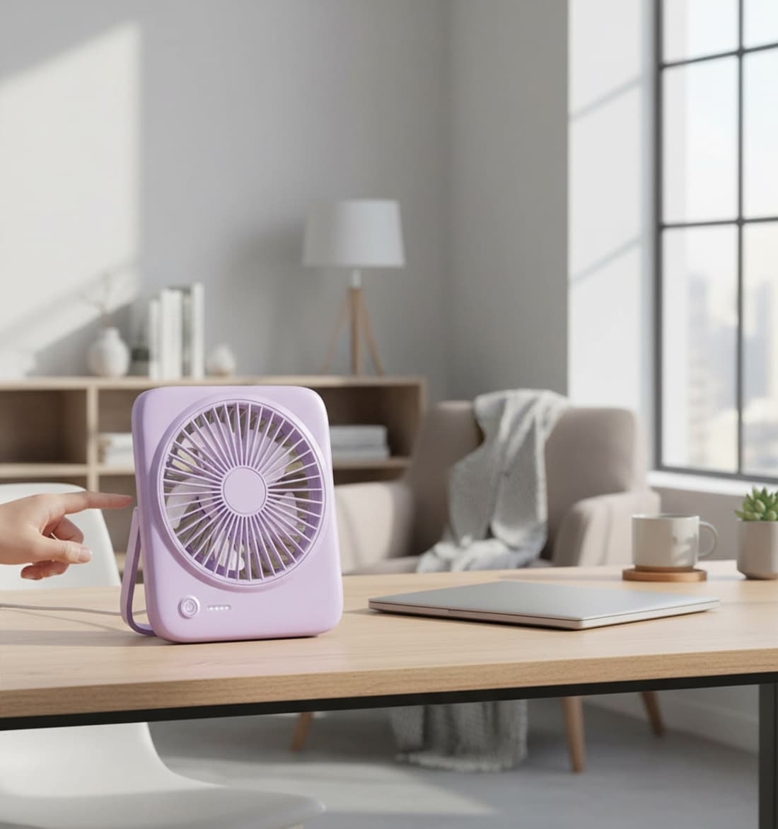 Alt View 4. FINEAK - 4000mAh 6.5 Inch Quiet Desk Fan - 4-Speed Rechargeable Purple.