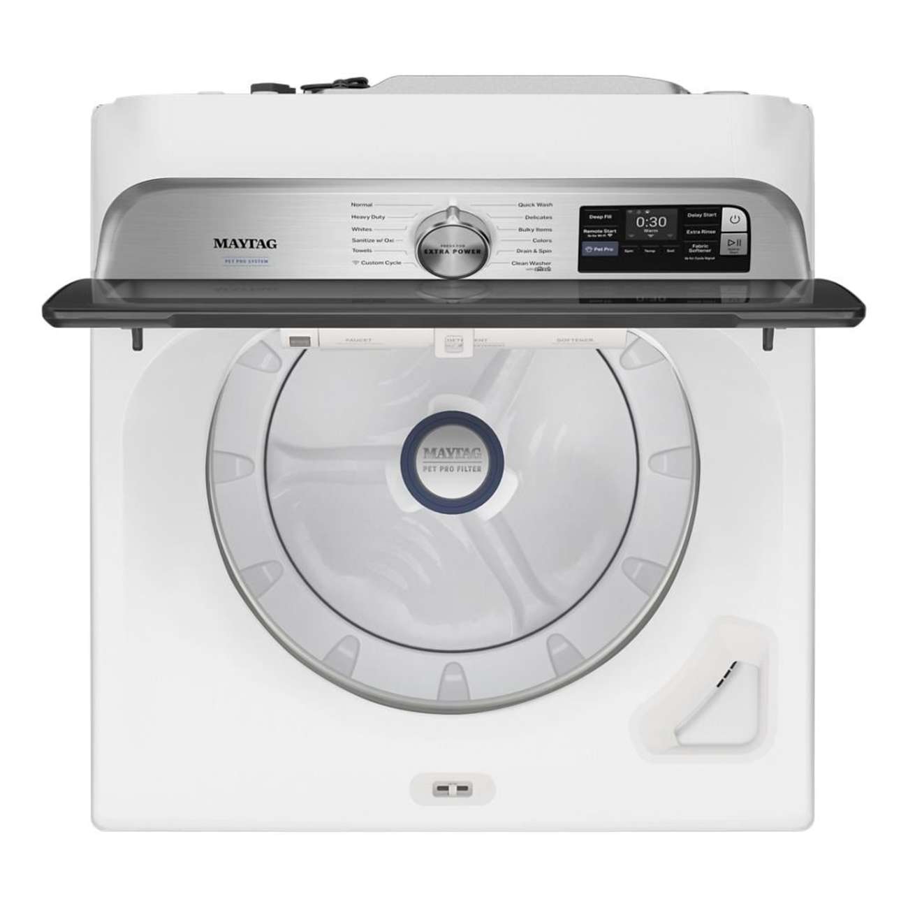 MAYTAG  
- Heavy Duty  
- Whites  
- Quick Wash  
- Delicates  
- Bulky Items  
- Extra Rinse  
- Drain & Spin  
- Clean Washer  
- Custom Cycle  
- Extra Power  
- 0:30  
- PET FILTER  
- PET PRO FILTER
