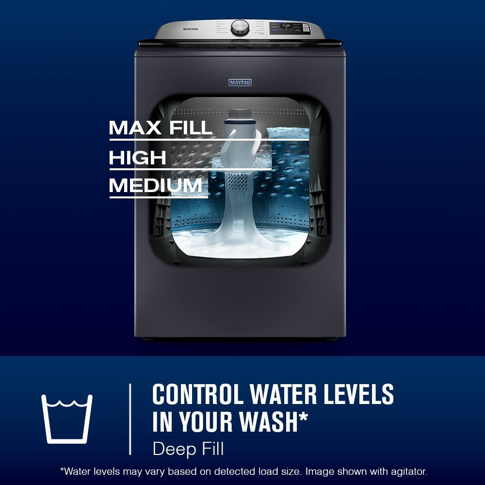 MAX FILL  
HIGH  
MEDIUM  

CONTROL WATER LEVELS IN YOUR WASH*  
Deep Fill  

*Water levels may vary based on detected load size. Image shown with agitator.