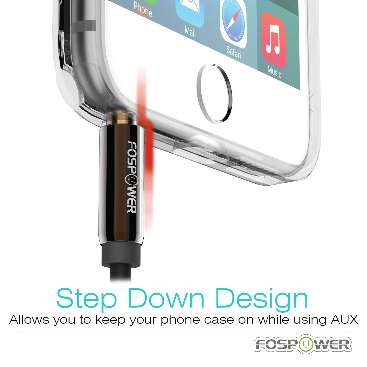 Phone Mail Safari Music FOSPOWER Step Down Design Allows you to keep your phone case on while using AUX FOSPOWER