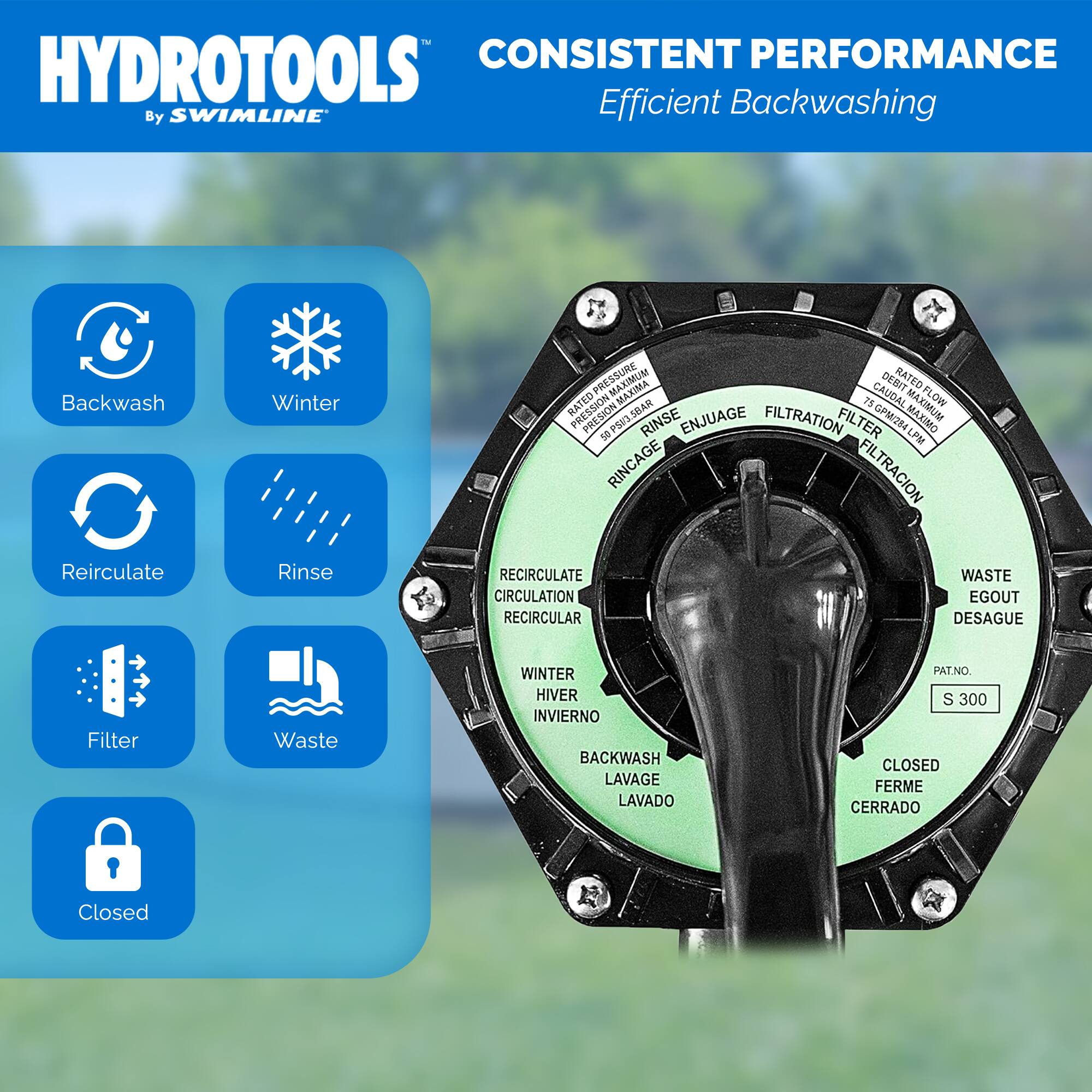 HYDROTOOLS  
By SWIMLINE

CONSISTENT PERFORMANCE  
Efficient Backwashing

- Backwash
- Winter
- Recirculate
- Rinse
- Filter
- Waste
- Closed

RATED PRESSURE  
MAXIMA  
CAUDAL  
DESIG  
RATED  
75  
FLOW  
PRESION  
50  
PSI  
3.5BAR  
SBAR  
FILTRATION  
MAXIMO  
1  
PSI  
83  
RINCE  
ENJUAGE  
FILTER  
GPM/284LP  
LPM  
RINCAGE  
FILTRACION  
Reirculate  
Rinse  
RECIRCULATE  
CIRCULATION  
RECIRCULAR  
WASTE  
EGOUT  
DESAGUE  
Filter Waste  
WINTER  
HIVER  
INVIERNO  
BACKWASH  
LAVAGE  
LAVADO  
PAT.NO  
S 300  
CLOSED  
FERME  
CERRADO