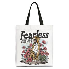 OrnamentallyYou - Floral Leopard Christian Canvas Tote Bag, Fearless For My God Is Always With Me Isaiah 41:11 - White Black