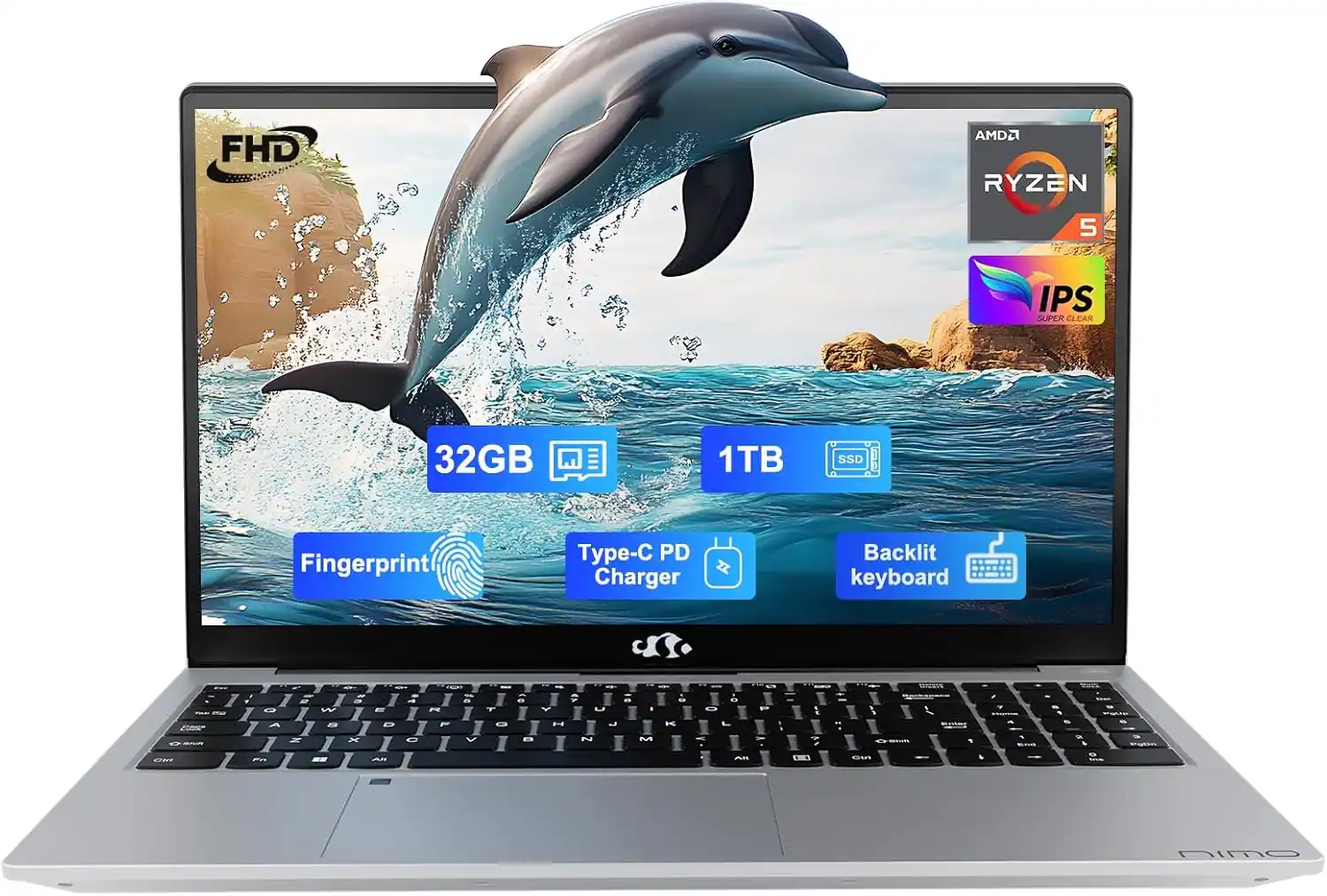 NIMO - 15.6 FHD IPS Laptop-Computer AMD Ryzen 5 32GB RAM 1TB SSD 3.7GHz - Silver