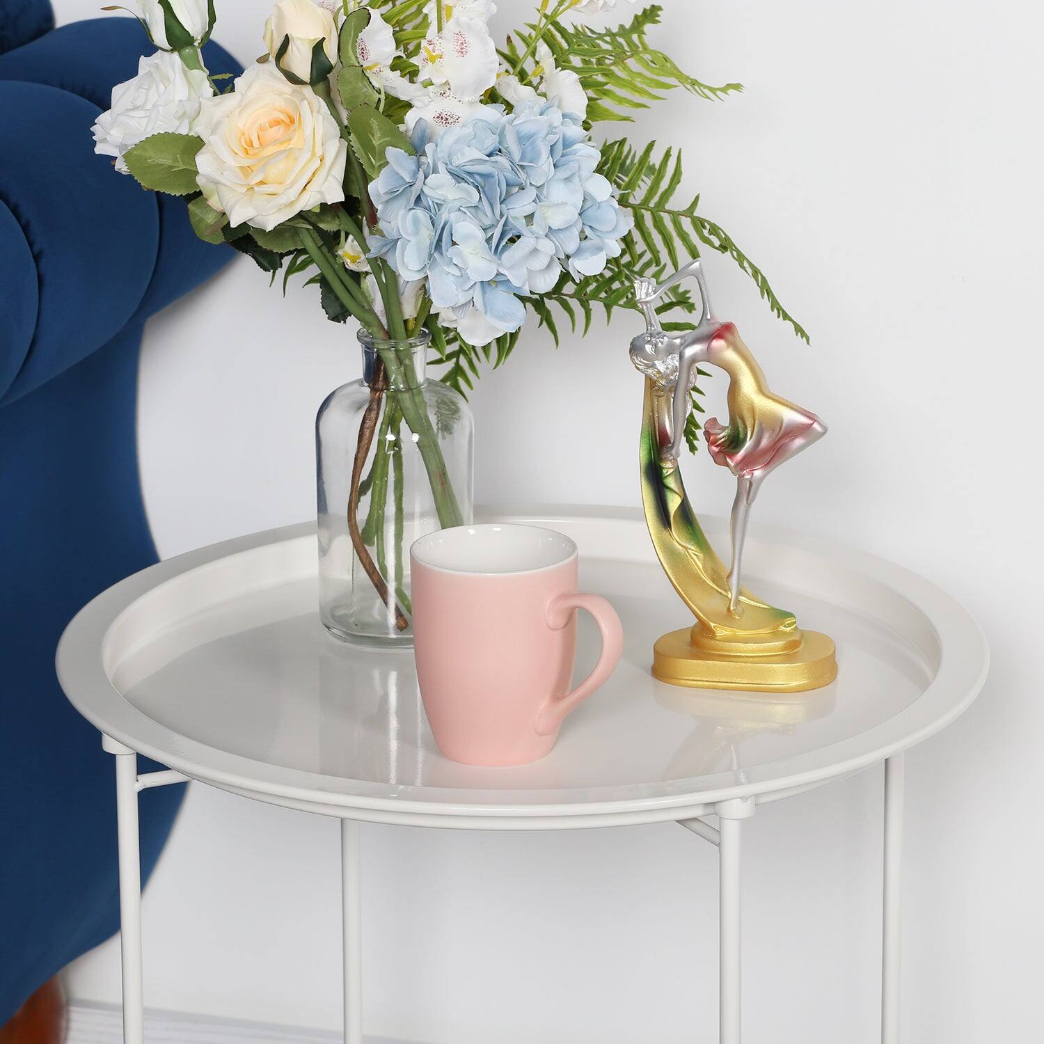 Alt View 4. Vecelo - Set of 2 Foldable Metal Side Table with Removable Tray, Round Indoor Outdoor End Table for Living Room or Patio - Grey.