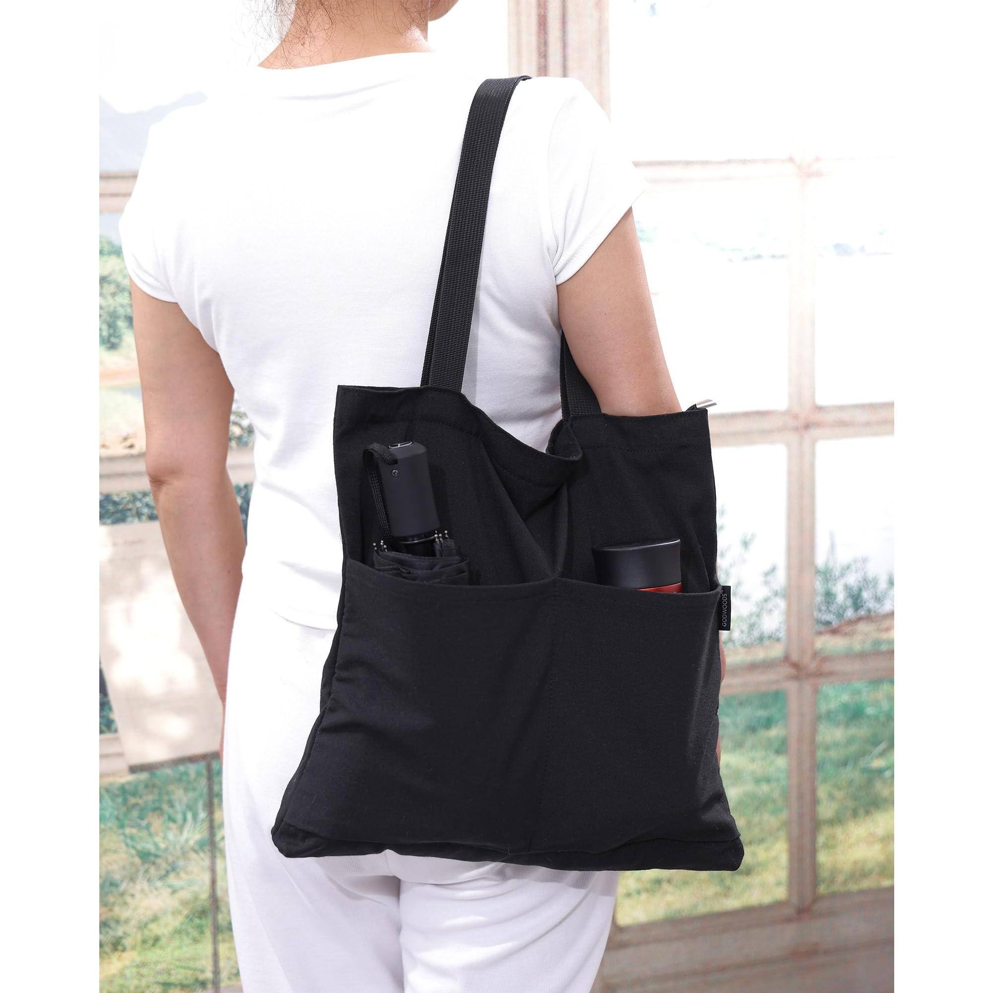 Alt View 3. Fabibe - Women's Canvas Bag  Aesthetic Handbags With Zipper Travel Shoulder Bags Shopping Inner Pockets - Cowblack.