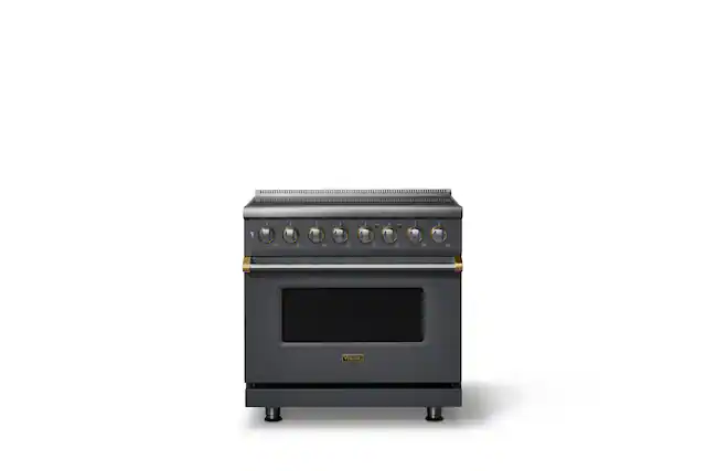 Front. Viking - 36 in. Wide 6 Elements Pro 5 Series 5.6 Cu.Ft. Freestanding Induction Convection Range with Brushed Brass Trim - Cast Black.