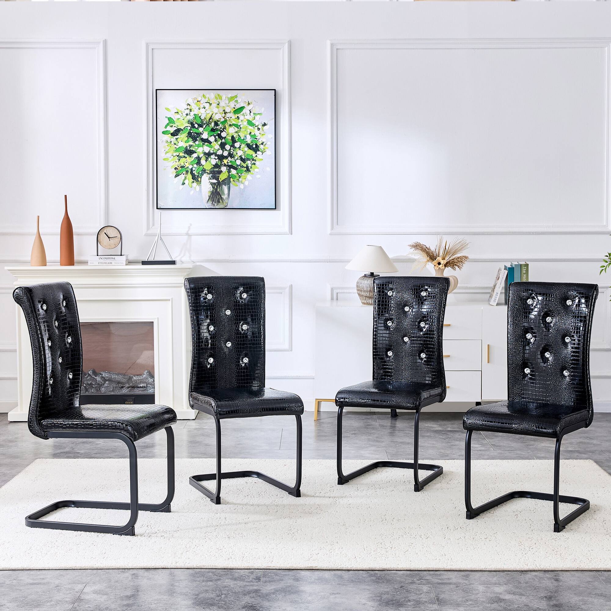 Angle. Loheer - Retro Faux Leather Dining Chairs Set of 4 with Crystal Buckle - Black.