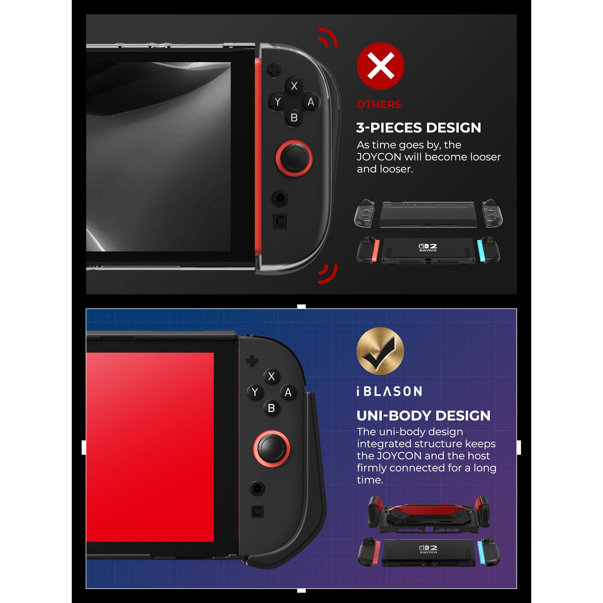 **OTHERS**

**3-PIECES DESIGN**

As time goes by, the JOYCON will become looser and looser.

---

**iBLASON**

**UNI-BODY DESIGN**

The uni-body design integrated structure keeps the JOYCON and the host firmly connected for a long time.