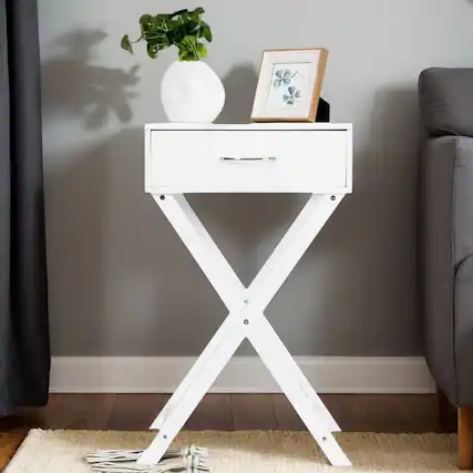 Front. Kadyn - Design Sofa Side Table with X-Shape Drawer for Living Room Bedroom-White, Space-Saving End Table, Durable MDF - White.