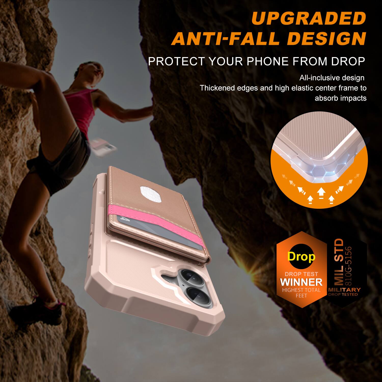UPGRADED ANTI-FALL DESIGN  
PROTECT YOUR PHONE FROM DROP  

All-inclusive design  
Thickened edges and high elastic center frame to absorb impacts  

Drop TEST WINNER  
MIL 810G-5166  
HIGHEST TOTAL MILITARY FEET DROP TESTED