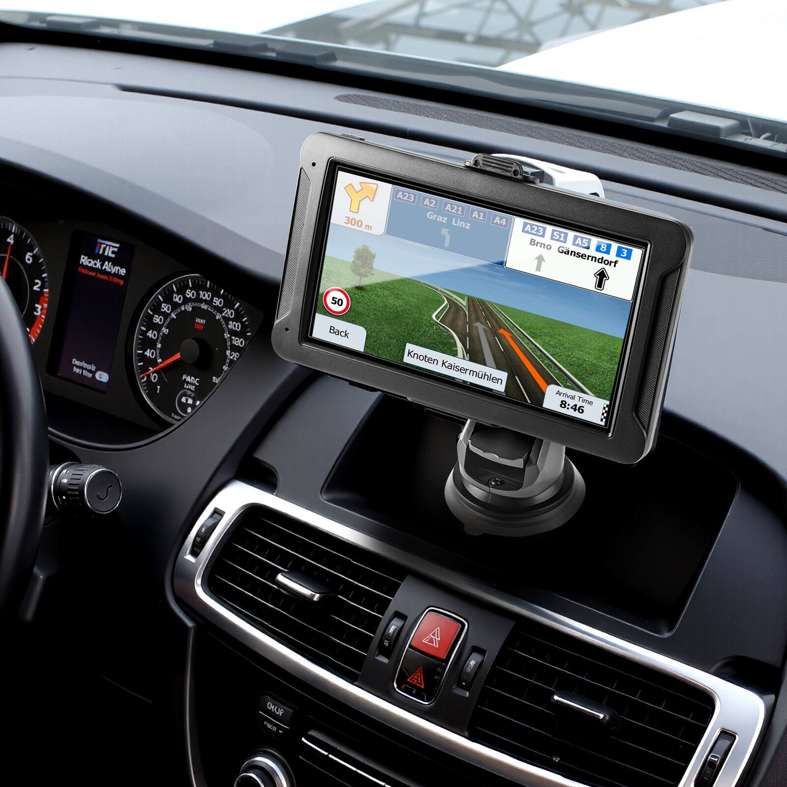 Sure, here is the corrected and grouped text from the image:

---

**Dashboard:**

- Rick Alvine
- 50 km/h
- 300 m
- Back
- Knoten Kaisermlhlen
- 8:46

**Navigation Screen:**

- A23 A2 A21 A1 A4
- Graz Linz
- A23 S1 A5 B3
- Brno Gnsersndorf
- Knoten Kaisermlhlen
- 8:46

**Speedometer:**

- 0 20 40 60 80 100 120 140 160 180 200
- 50
- 100
- 150
- 200
- 250
- 300

**Other Text:**

- nothing_totlcb
- Seu
- DO
- 50 100 50 50 18 200 80 x K
- 9e aco 40 180 40 2 