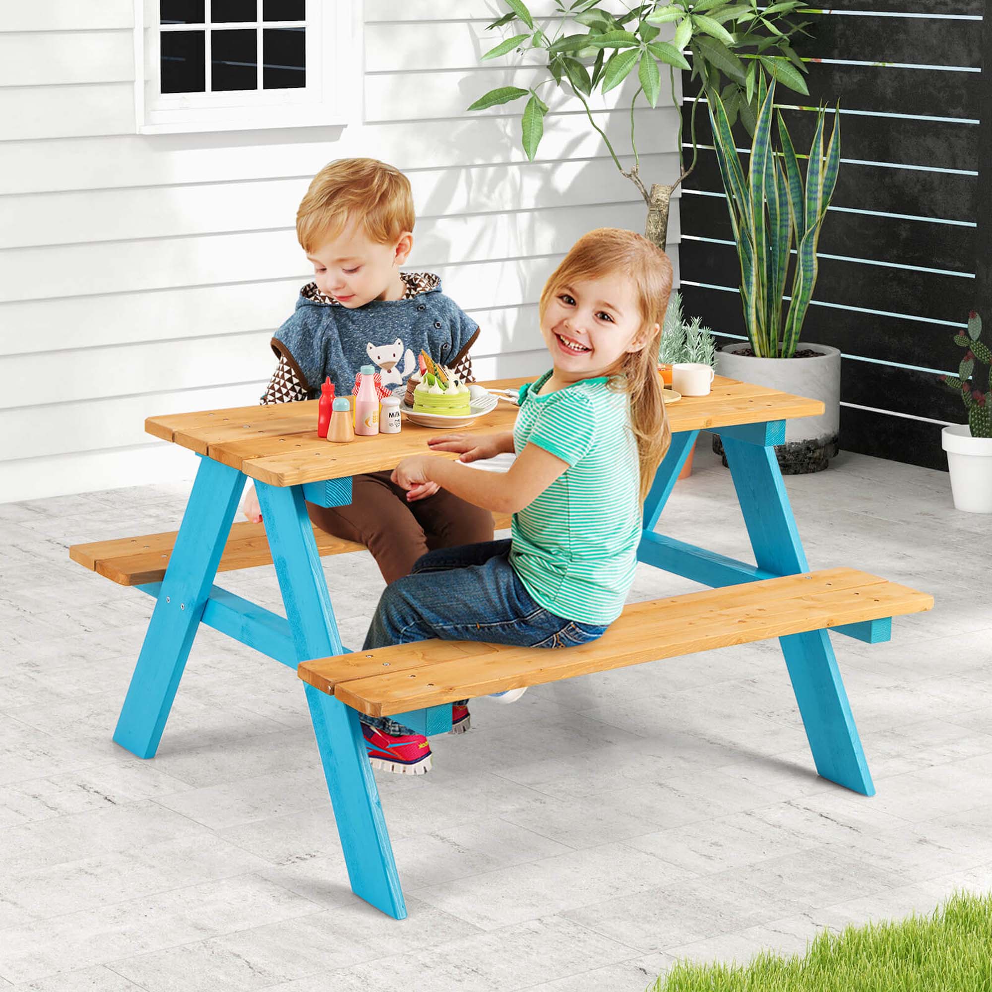 Alt View 1. Costway - Costway Kids Picnic Table Set Children Outdoor Wooden Table with Bench Seats Backyard - Blue+Natural.