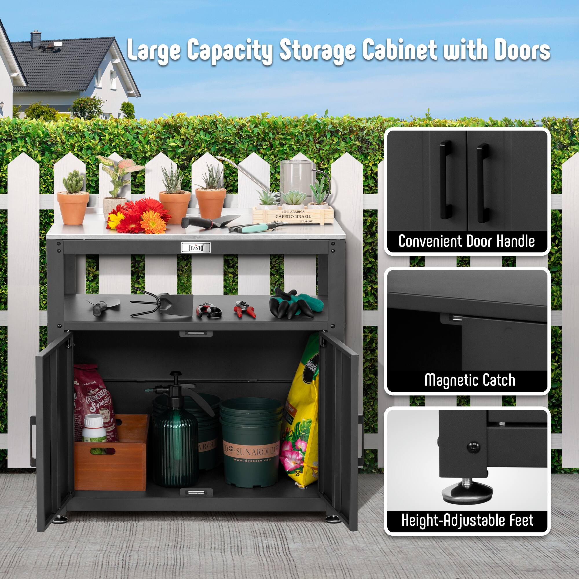 Large Capacity Storage Cabinet with Doors

- Convenient Door Handle
- Magnetic Catch
- Height-Adjustable Feet